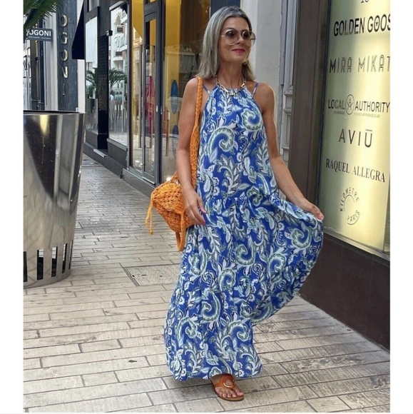 Zara Tiered Floral Print Blue White Cotton Dress Bloggers Favorite - Picture 10 of 16